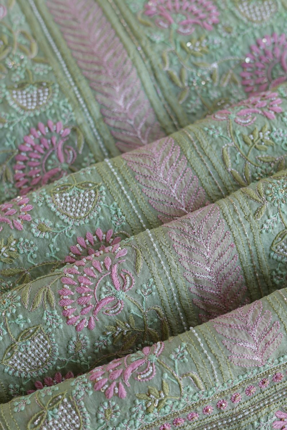 Green Noor Banarasi Organza Chikankari Unstitched Fabrics