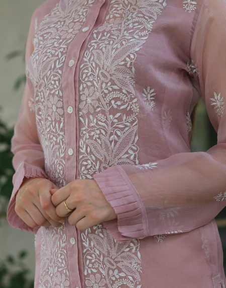 Noor Organza Chikankari Frill Collar Ready To Wear Short Top