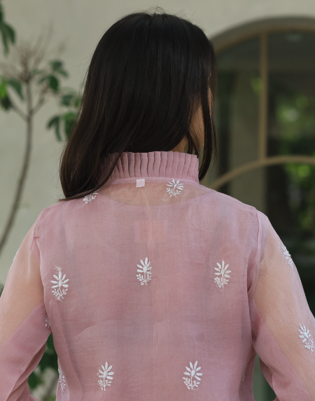 Noor Organza Chikankari Frill Collar Ready To Wear Short Top