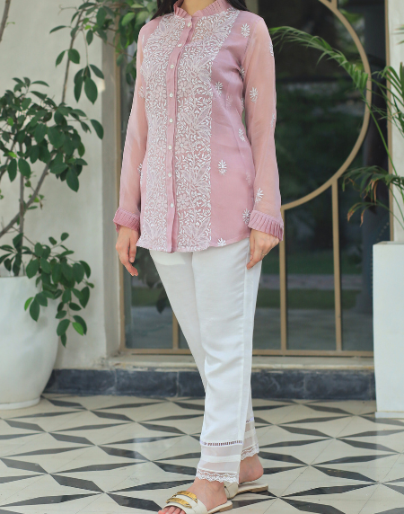 Noor Organza Chikankari Frill Collar Ready To Wear Short Top