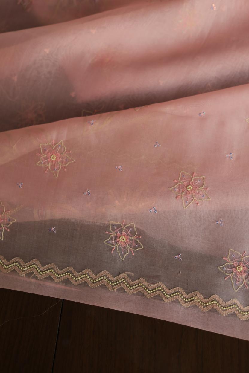 Pastel Peach Noor Organza Silk Chikankari Unstitched Kurta Dupatta Set