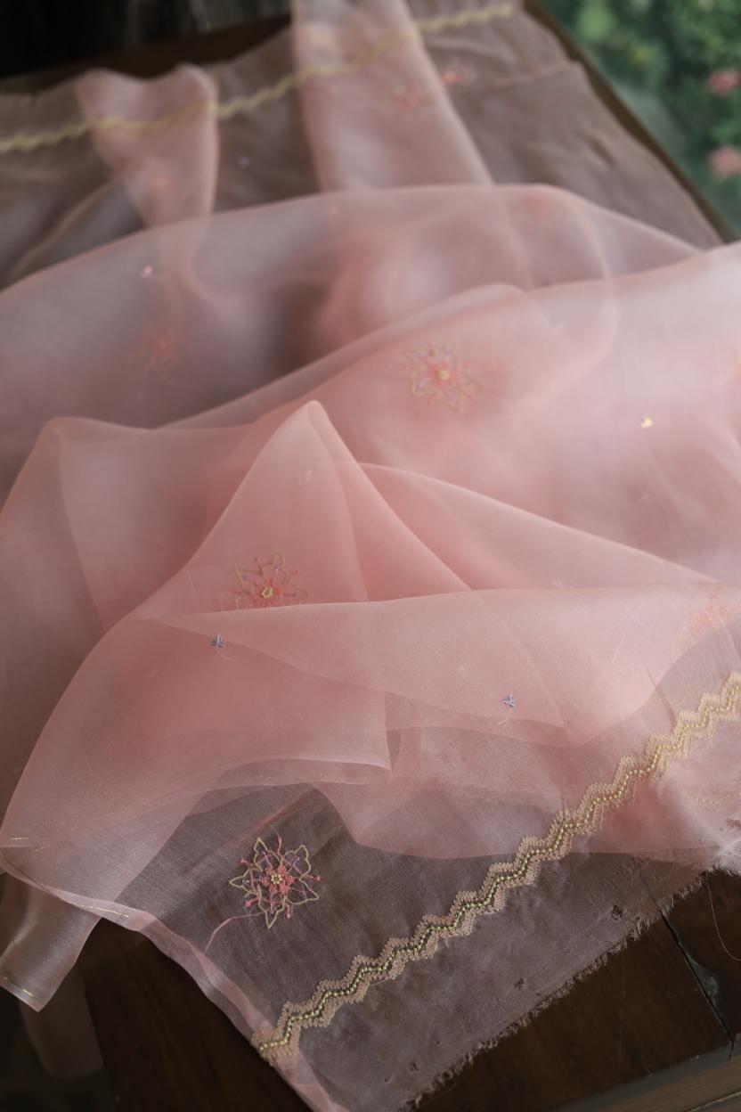 Pastel Peach Noor Organza Silk Chikankari Unstitched Kurta Dupatta Set