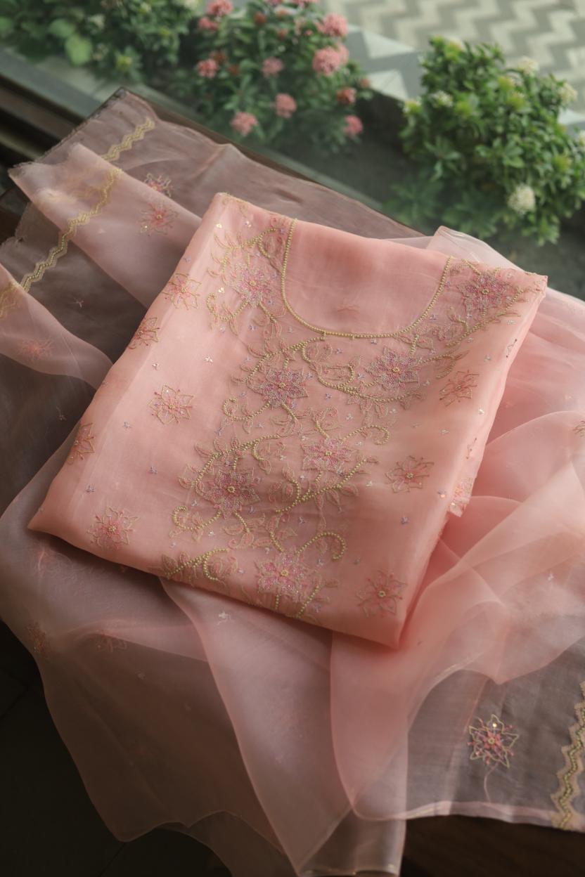 Pastel Peach Noor Organza Silk Chikankari Unstitched Kurta Dupatta Set