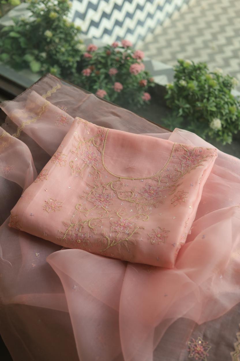 Pastel Peach Noor Organza Silk Chikankari Unstitched Kurta Dupatta Set