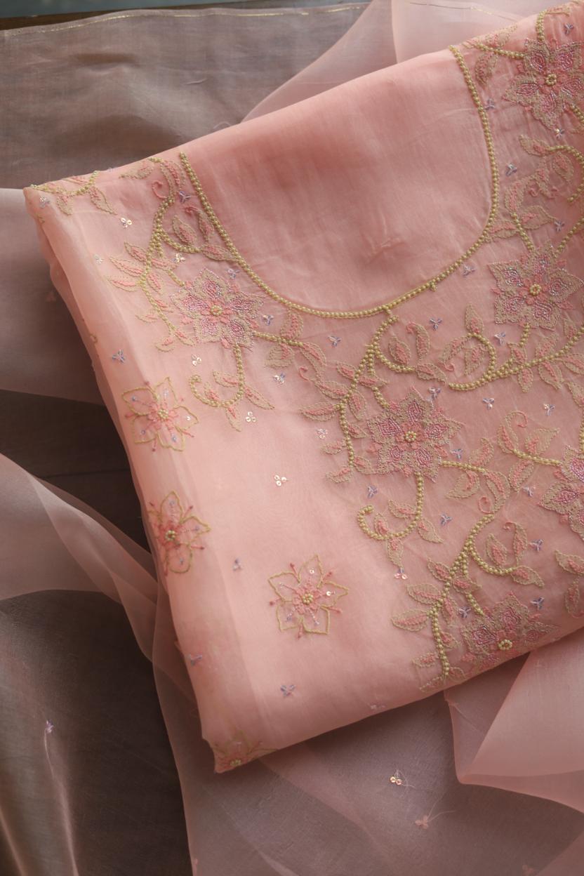 Pastel Peach Noor Organza Silk Chikankari Unstitched Kurta Dupatta Set