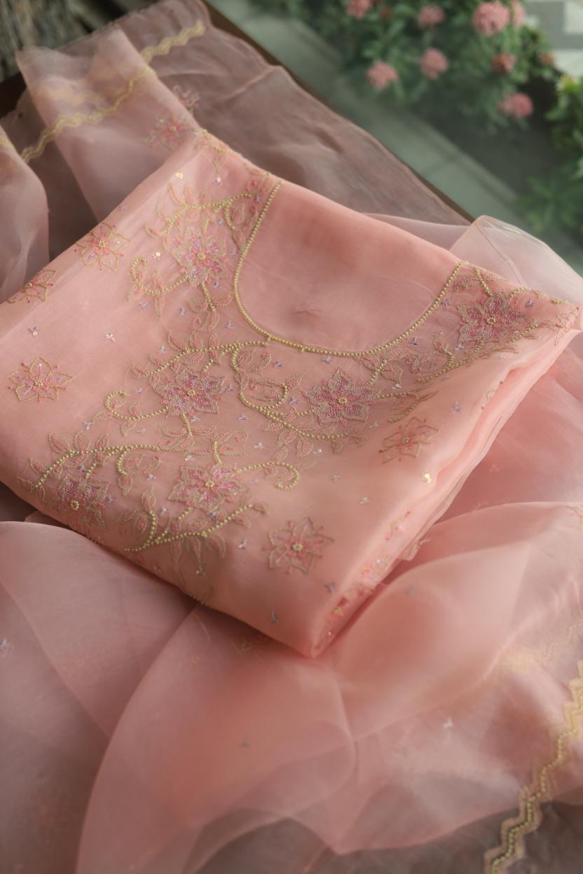 Pastel Peach Noor Organza Silk Chikankari Unstitched Kurta Dupatta Set
