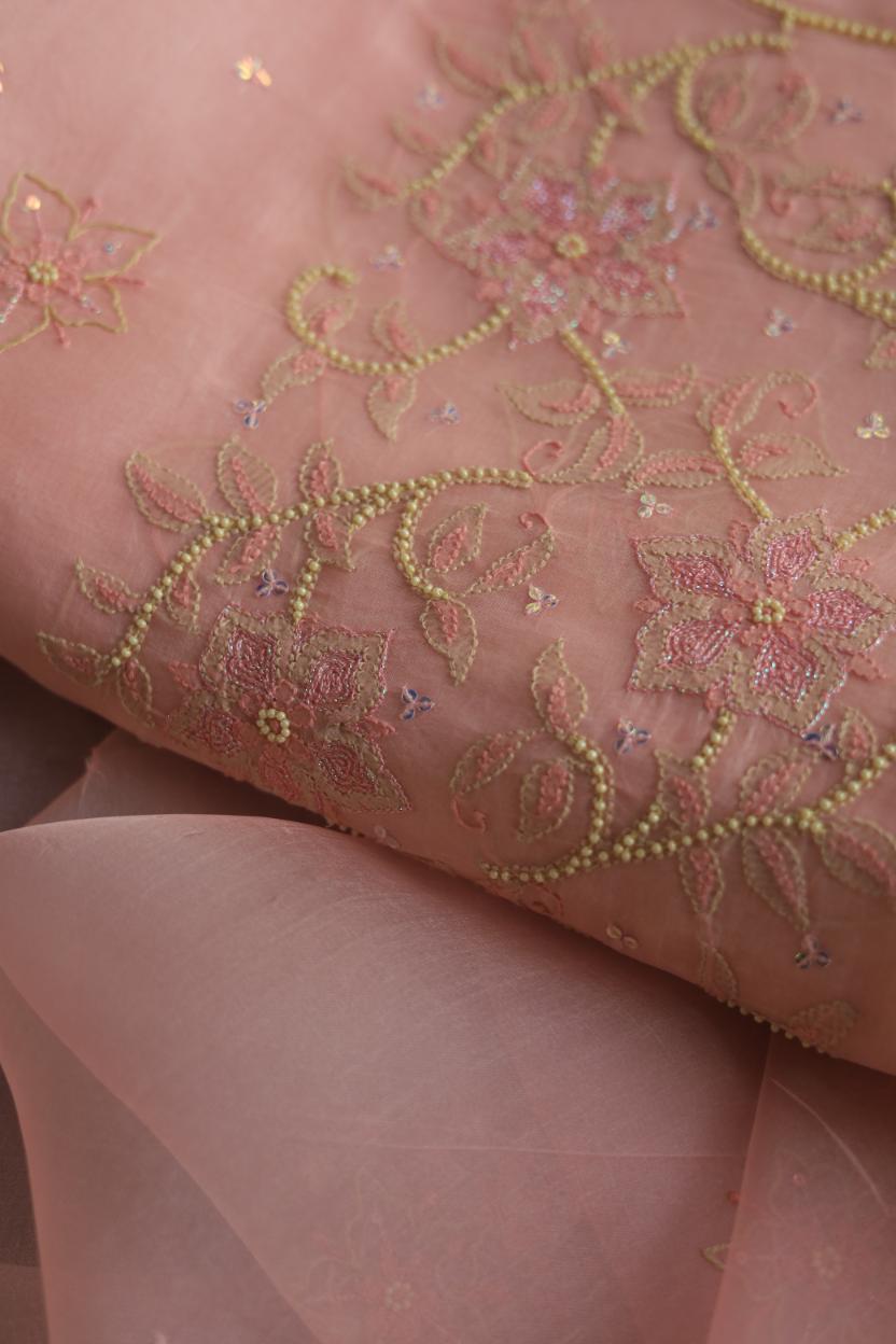 Pastel Peach Noor Organza Silk Chikankari Unstitched Kurta Dupatta Set