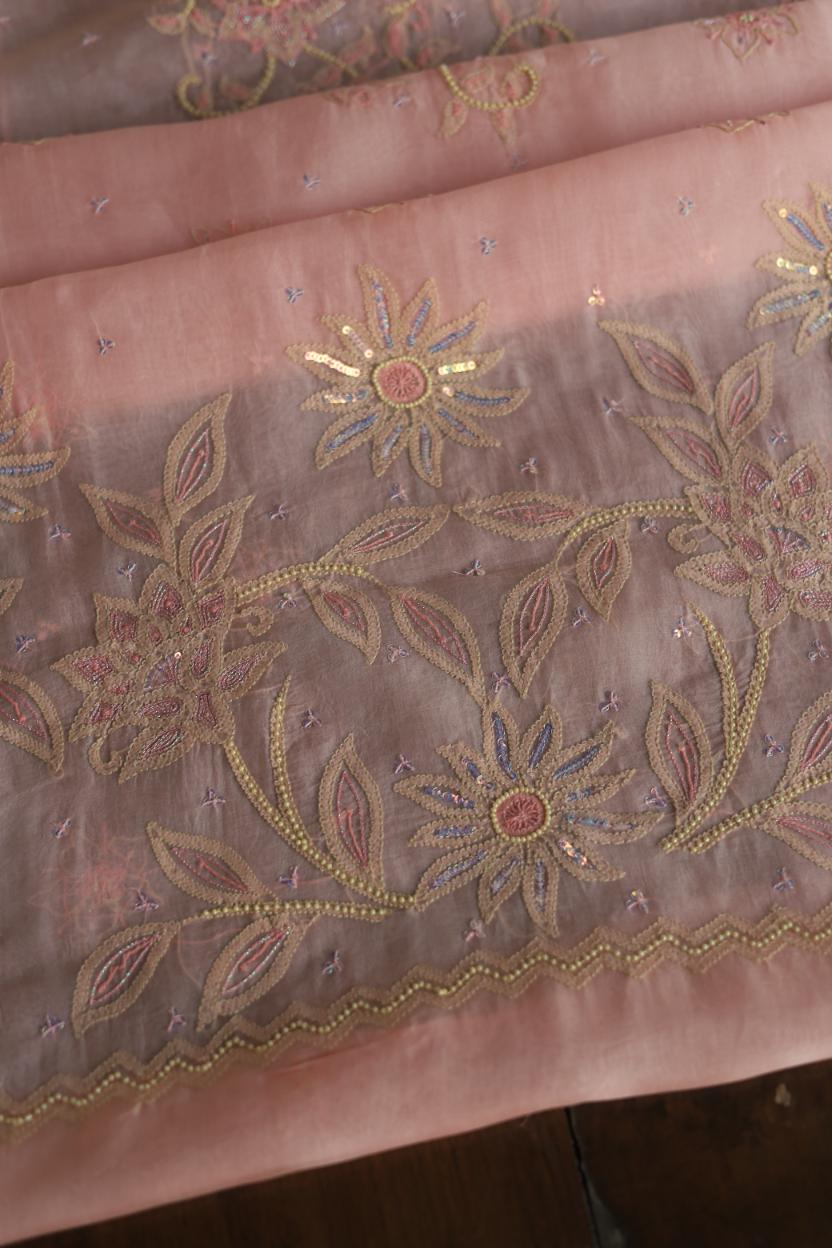 Pastel Peach Noor Organza Silk Chikankari Unstitched Kurta Dupatta Set