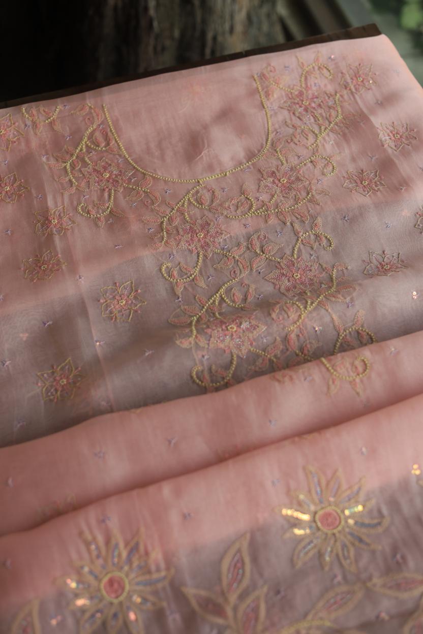 Pastel Peach Noor Organza Silk Chikankari Unstitched Kurta Dupatta Set
