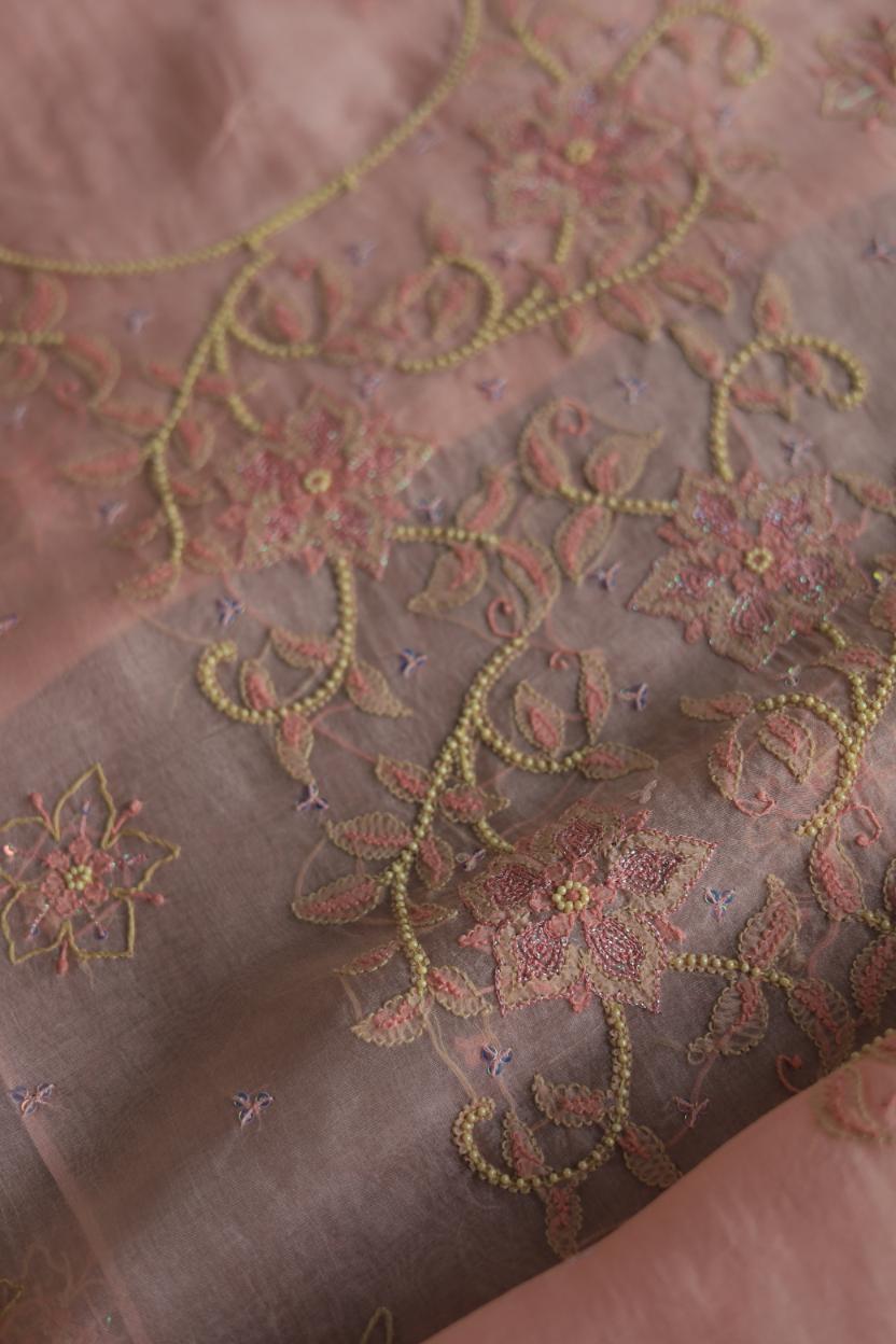 Pastel Peach Noor Organza Silk Chikankari Unstitched Kurta Dupatta Set