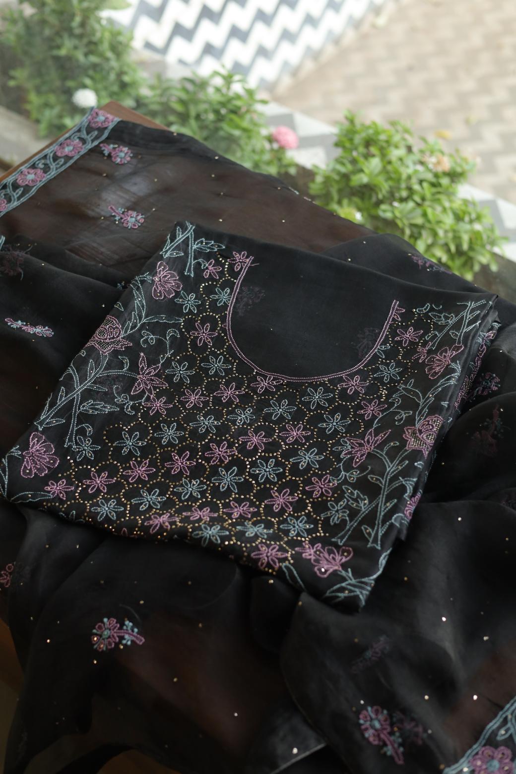 Noor Organza Silk Chikankari Mukaish Kamdani Unstitched Fabric
