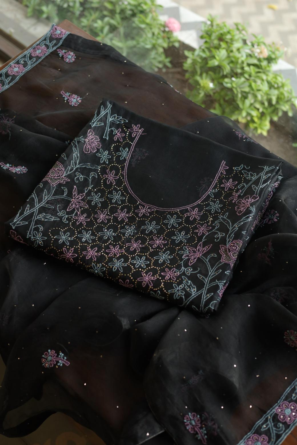 Noor Organza Silk Chikankari Mukaish Kamdani Unstitched Fabric