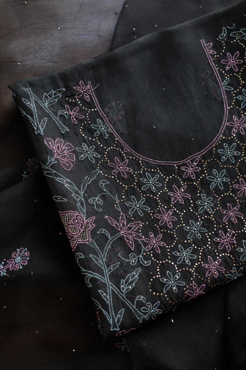 Noor Organza Silk Chikankari Mukaish Kamdani Unstitched Fabric