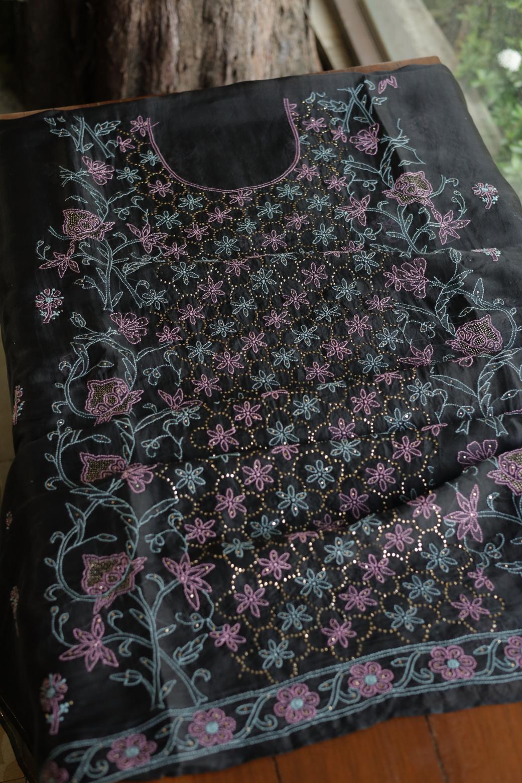 Noor Organza Silk Chikankari Mukaish Kamdani Unstitched Fabric