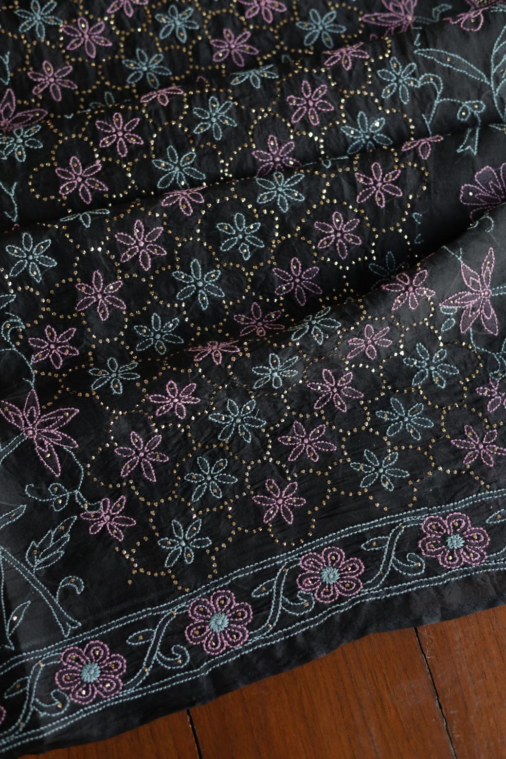 Noor Organza Silk Chikankari Mukaish Kamdani Unstitched Fabric