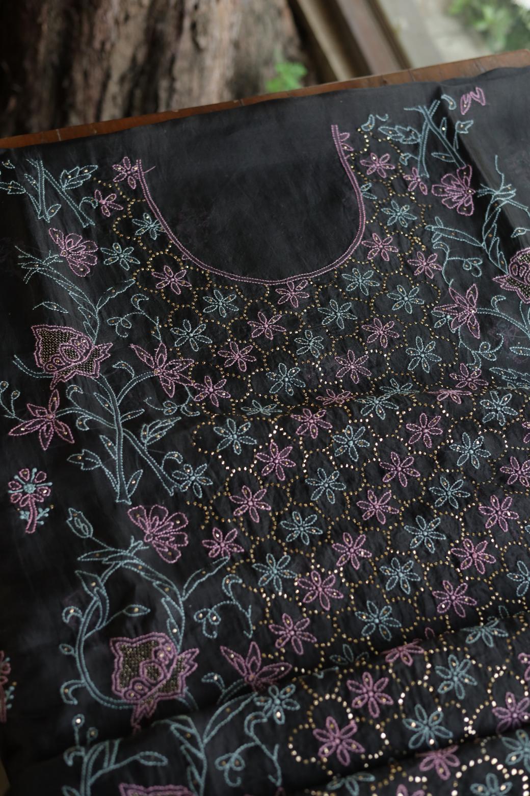 Noor Organza Silk Chikankari Mukaish Kamdani Unstitched Fabric
