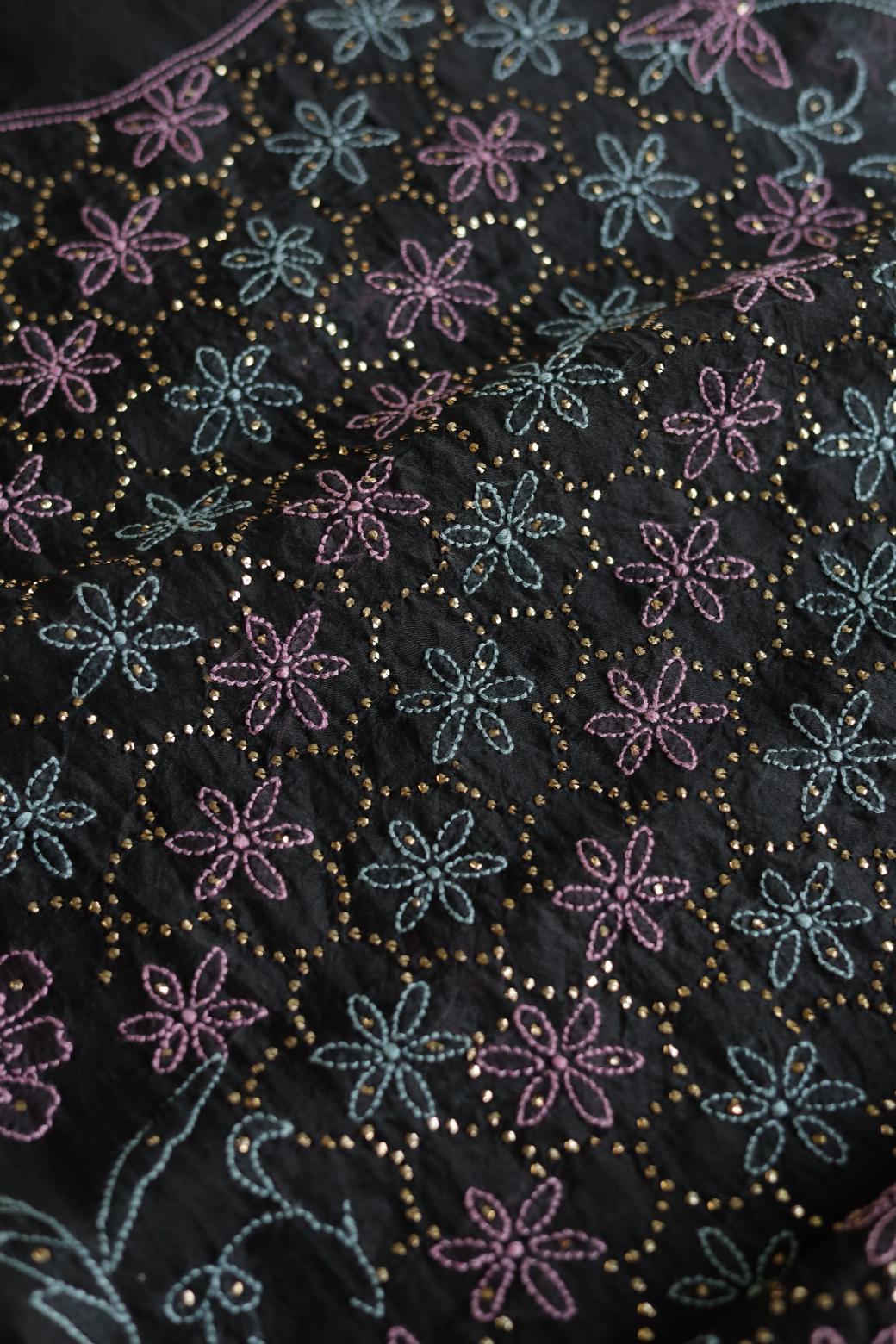 Noor Organza Silk Chikankari Mukaish Kamdani Unstitched Fabric