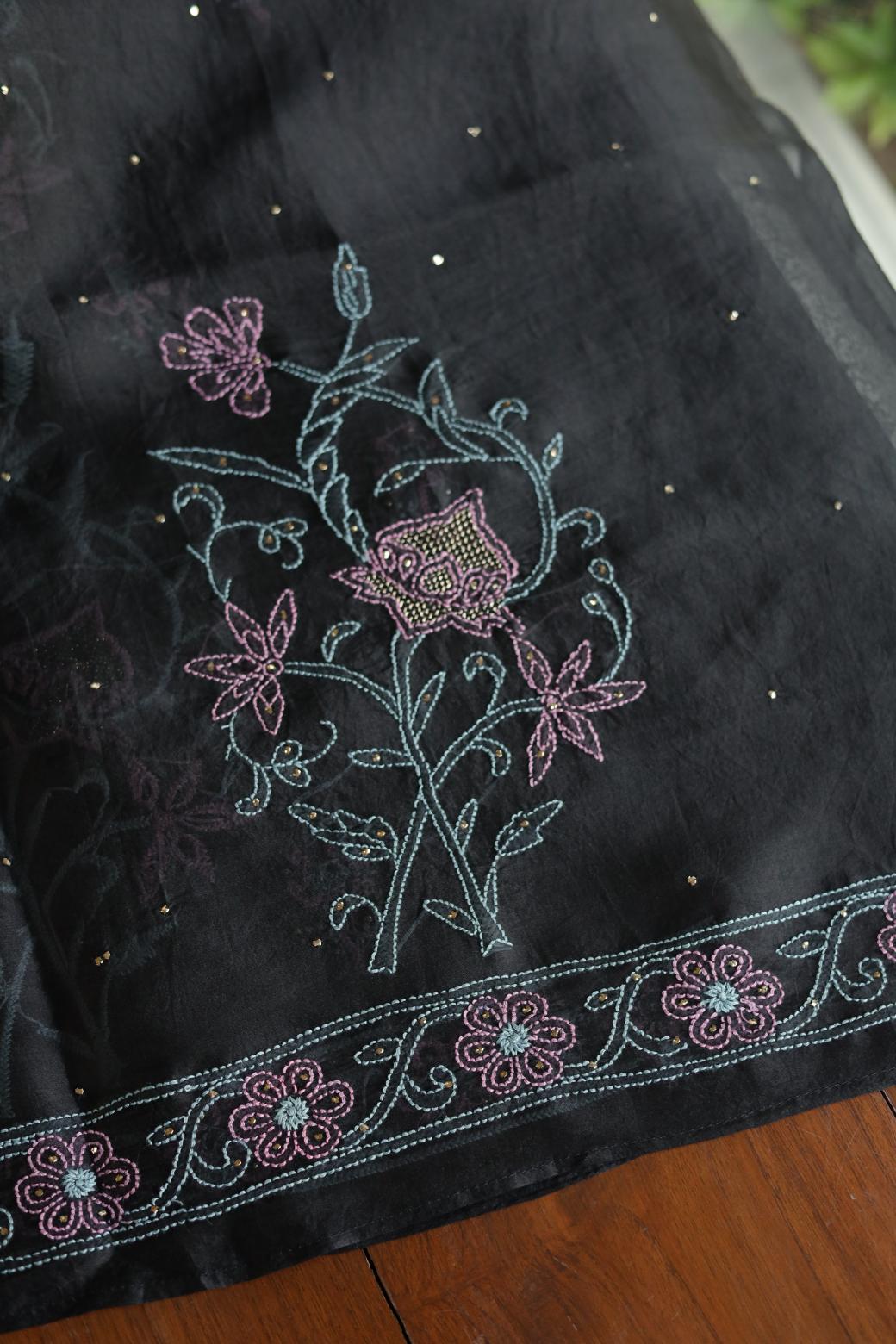 Noor Organza Silk Chikankari Mukaish Kamdani Unstitched Fabric