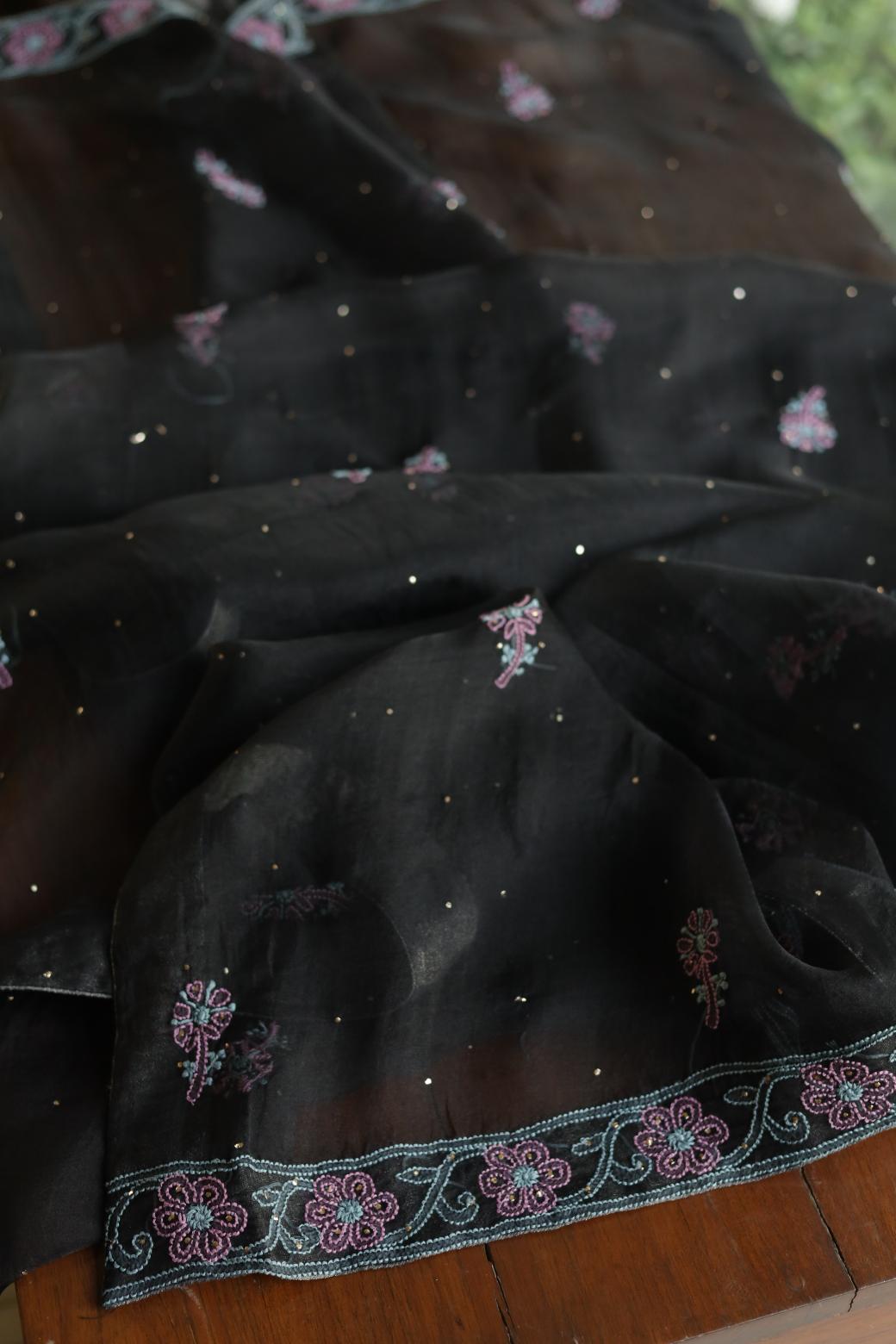 Noor Organza Silk Chikankari Mukaish Kamdani Unstitched Fabric