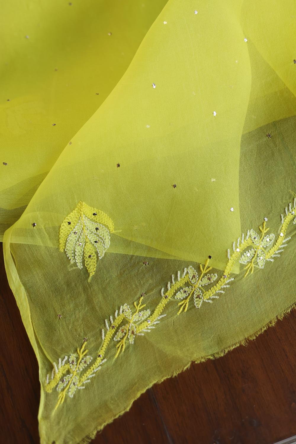 Yellow Noor Organza Silk Chikankari Unstitched Kurta Dupatta Set