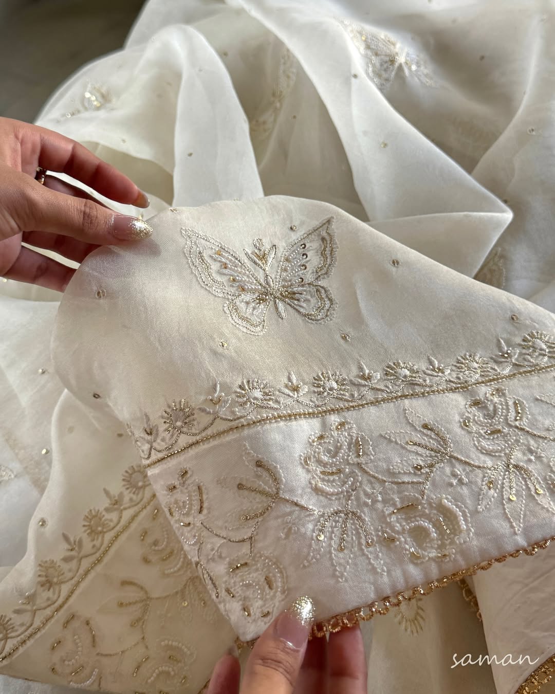 Noor Organza White Butterfly Chikankari Saree