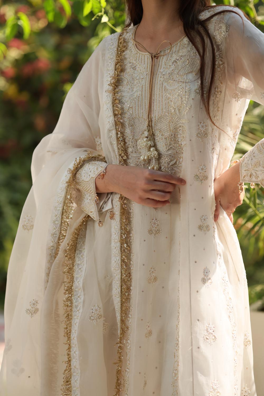 Dove White Noor Organza Chikankari Anarkali