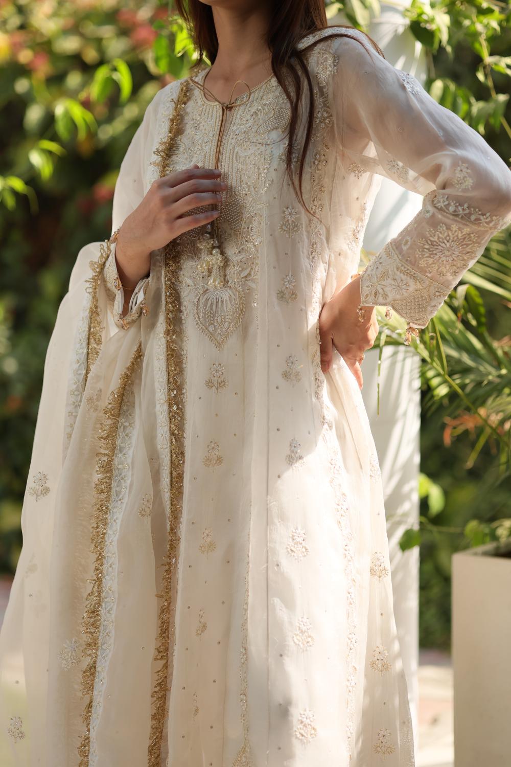 Dove White Noor Organza Chikankari Anarkali