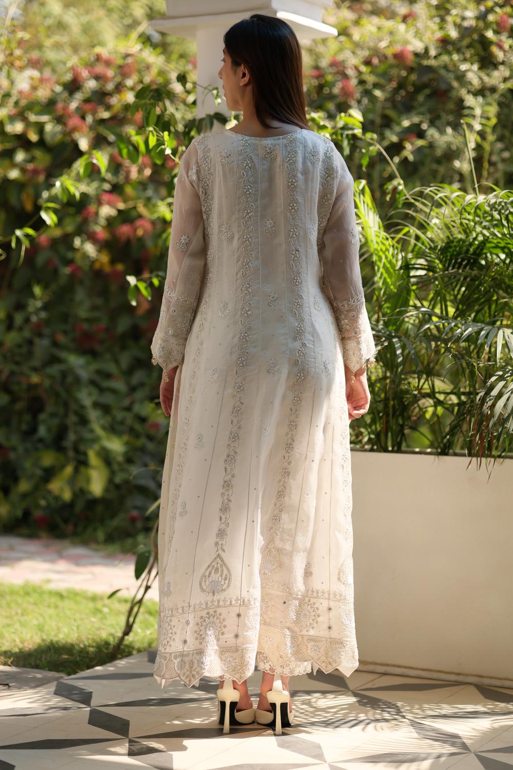 Dove White Noor Organza Chikankari Anarkali