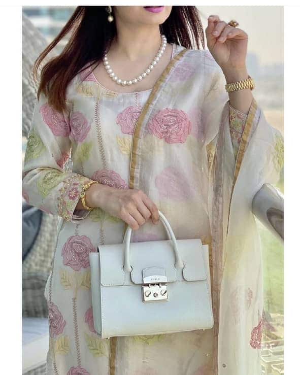 White Noor Banarasi Organza Chikankari Unstitched Fabrics