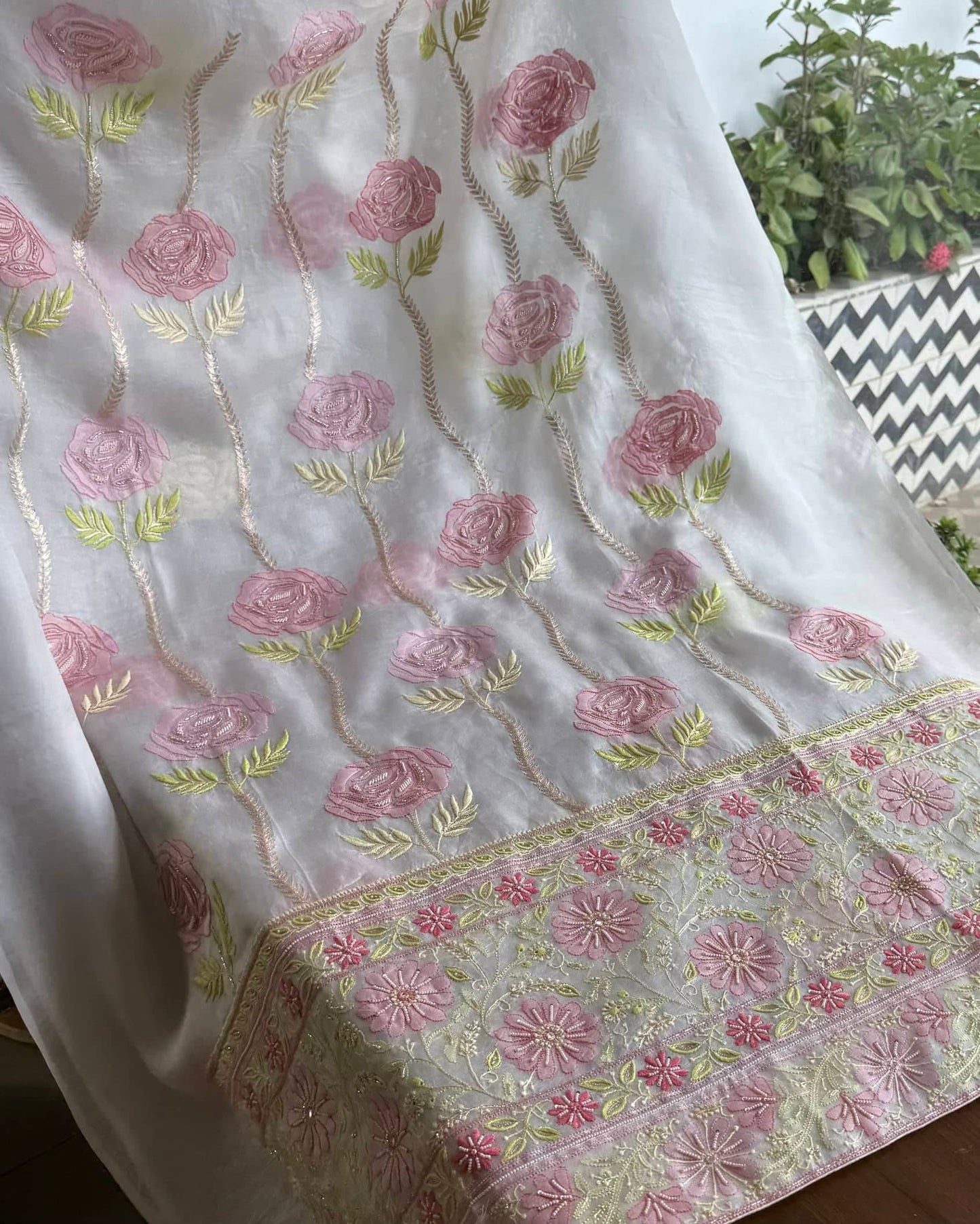 White Noor Banarasi Organza Chikankari Unstitched Fabrics