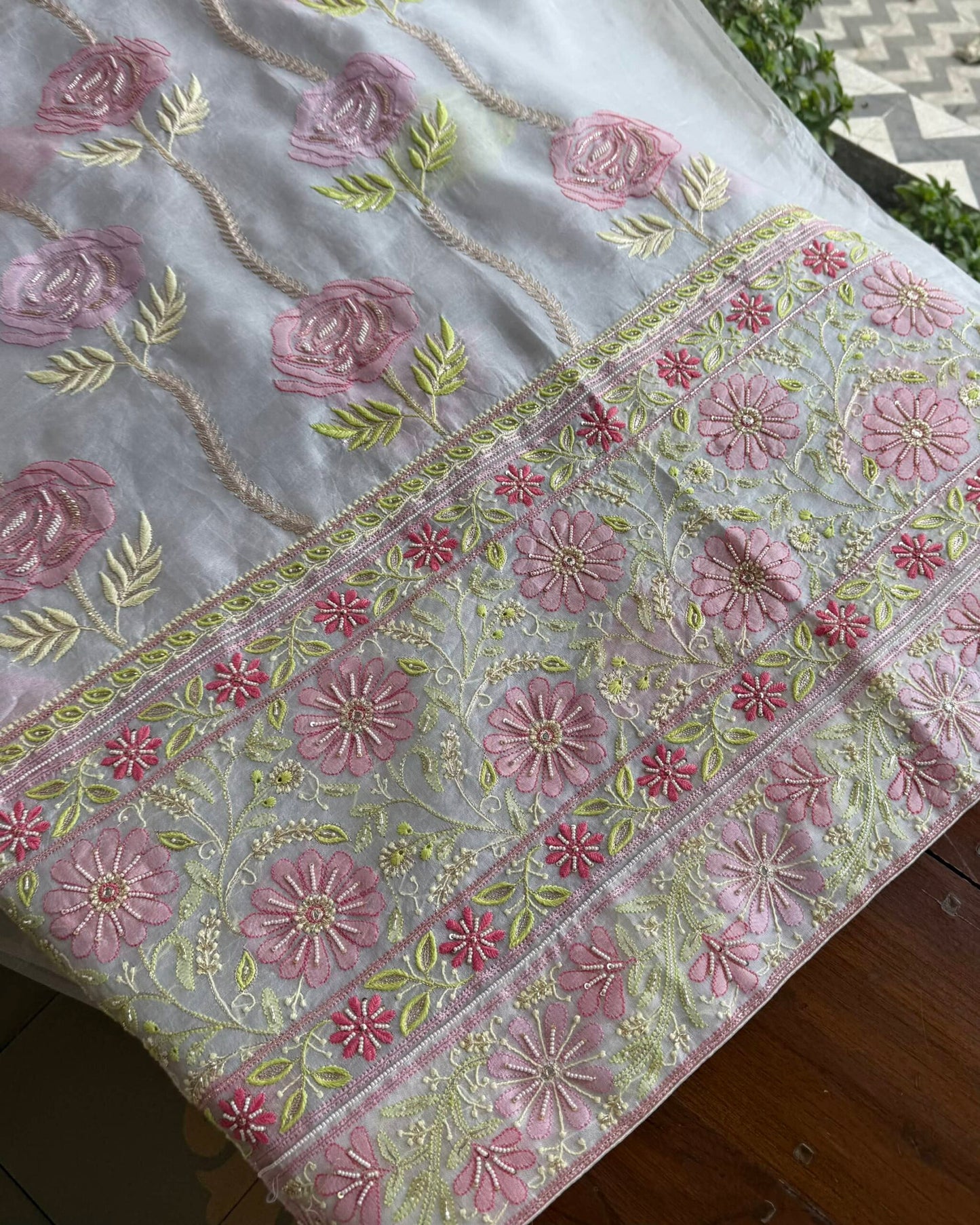 White Noor Banarasi Organza Chikankari Unstitched Fabrics