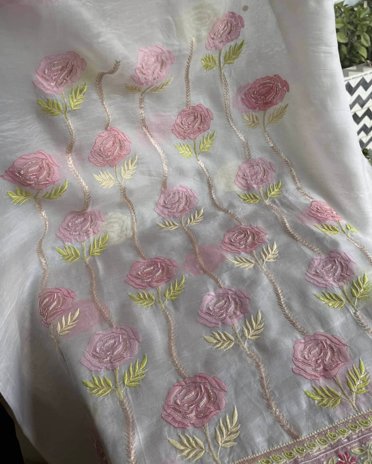 White Noor Banarasi Organza Chikankari Unstitched Fabrics