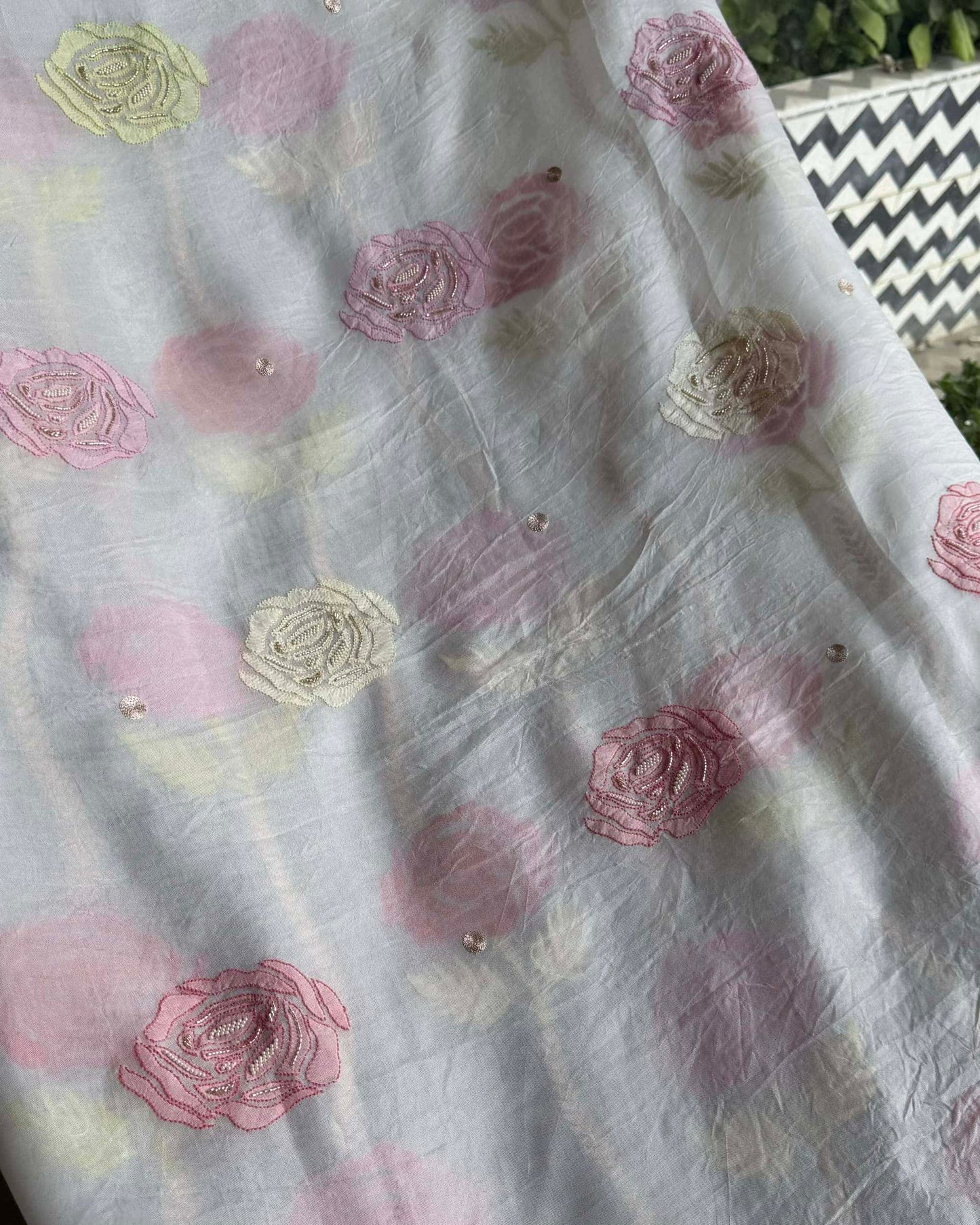 White Noor Banarasi Organza Chikankari Unstitched Fabrics