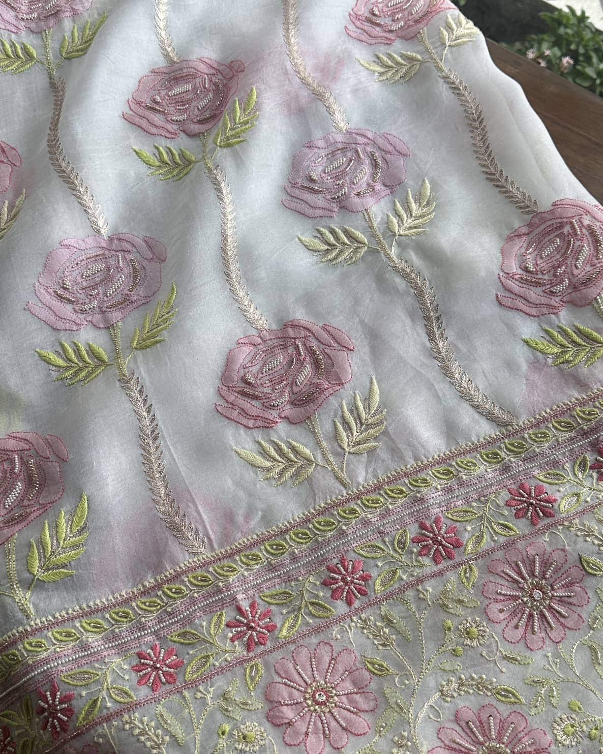 White Noor Banarasi Organza Chikankari Unstitched Fabrics