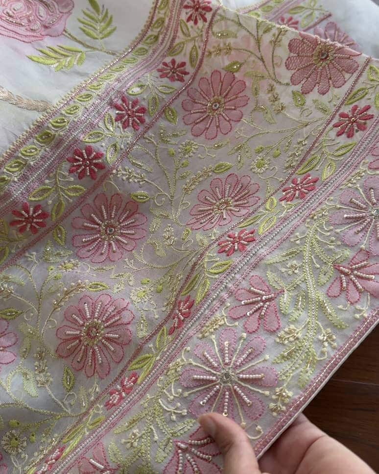 White Noor Banarasi Organza Chikankari Unstitched Fabrics