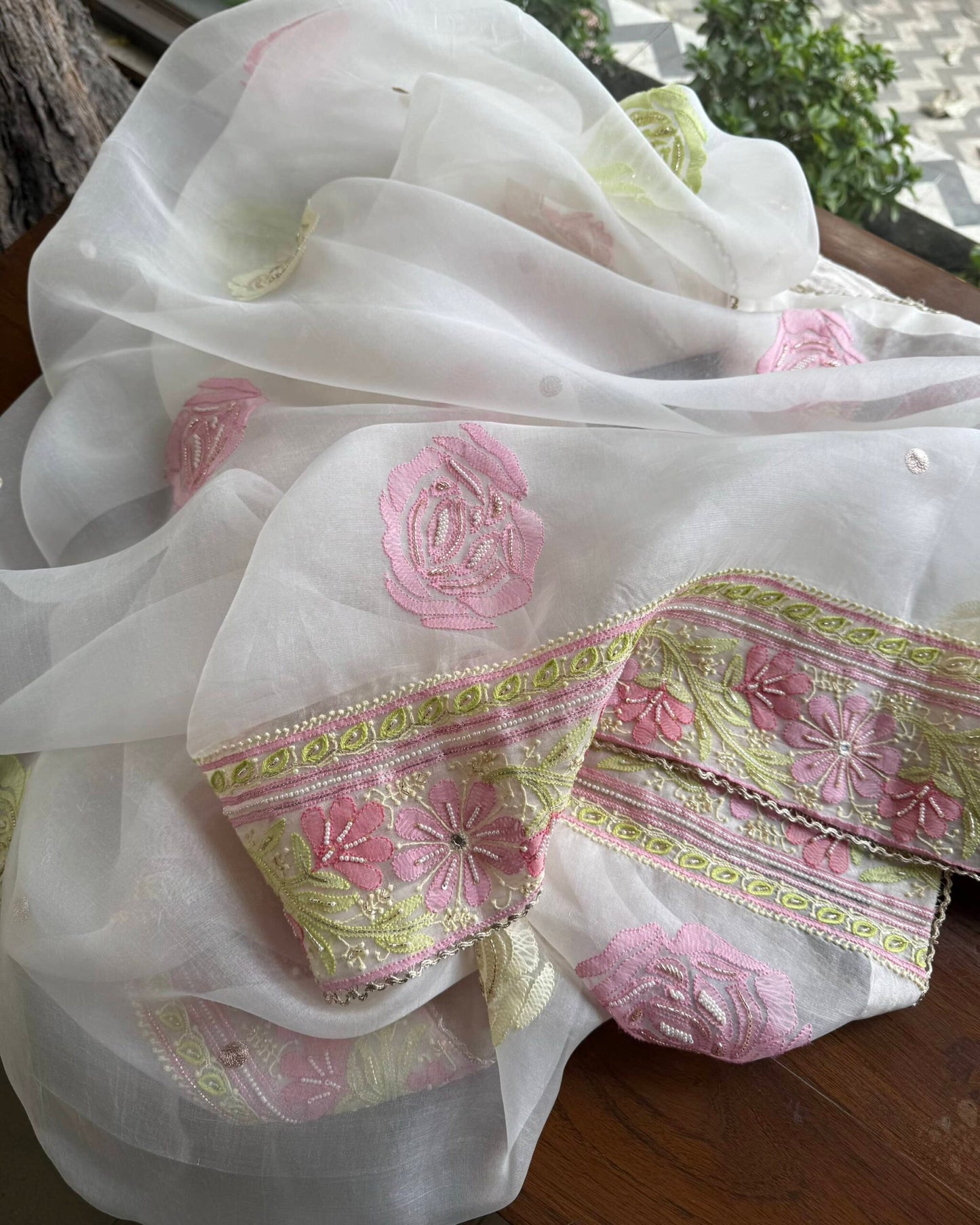 White Noor Banarasi Organza Chikankari Unstitched Fabrics