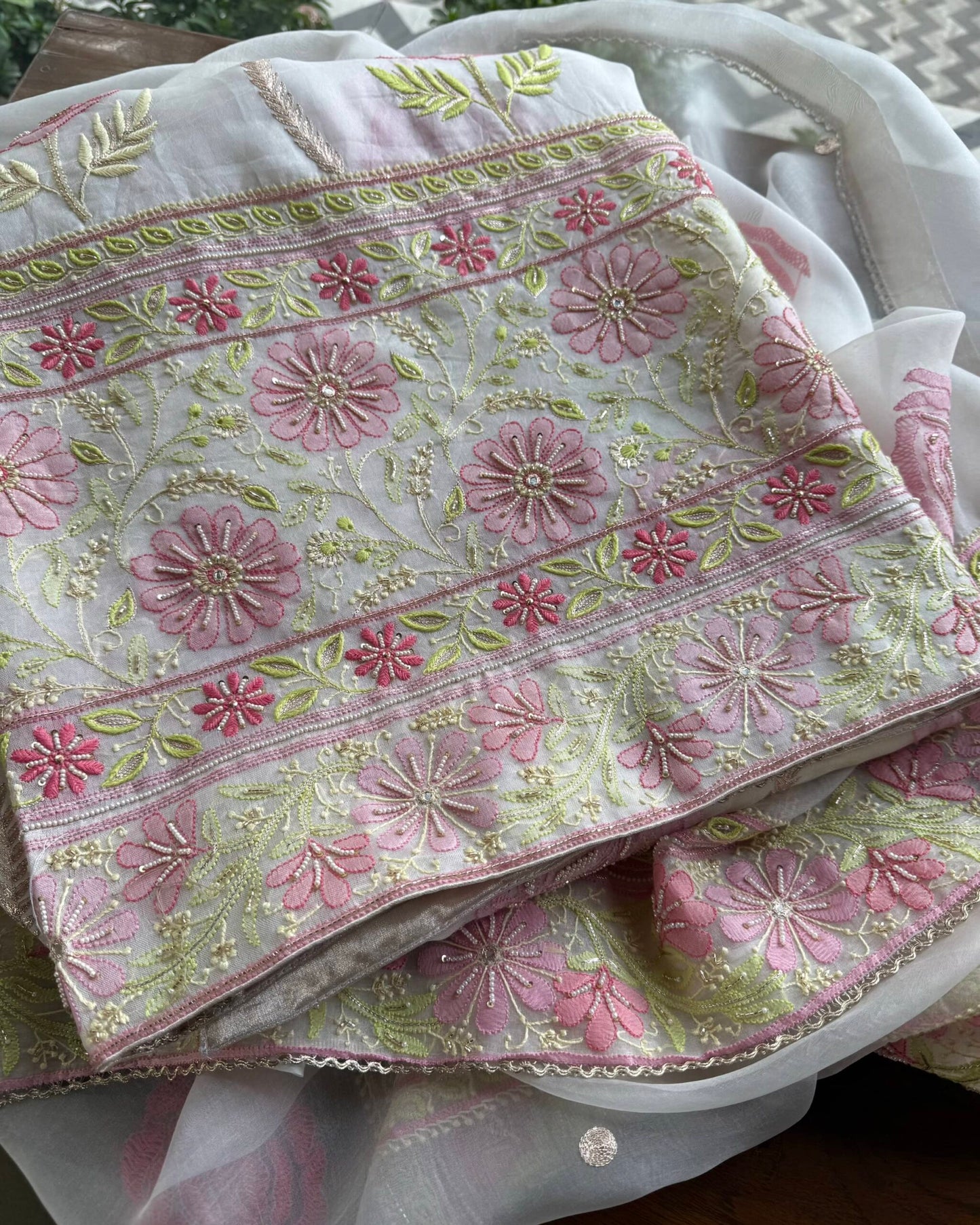 White Noor Banarasi Organza Chikankari Unstitched Fabrics