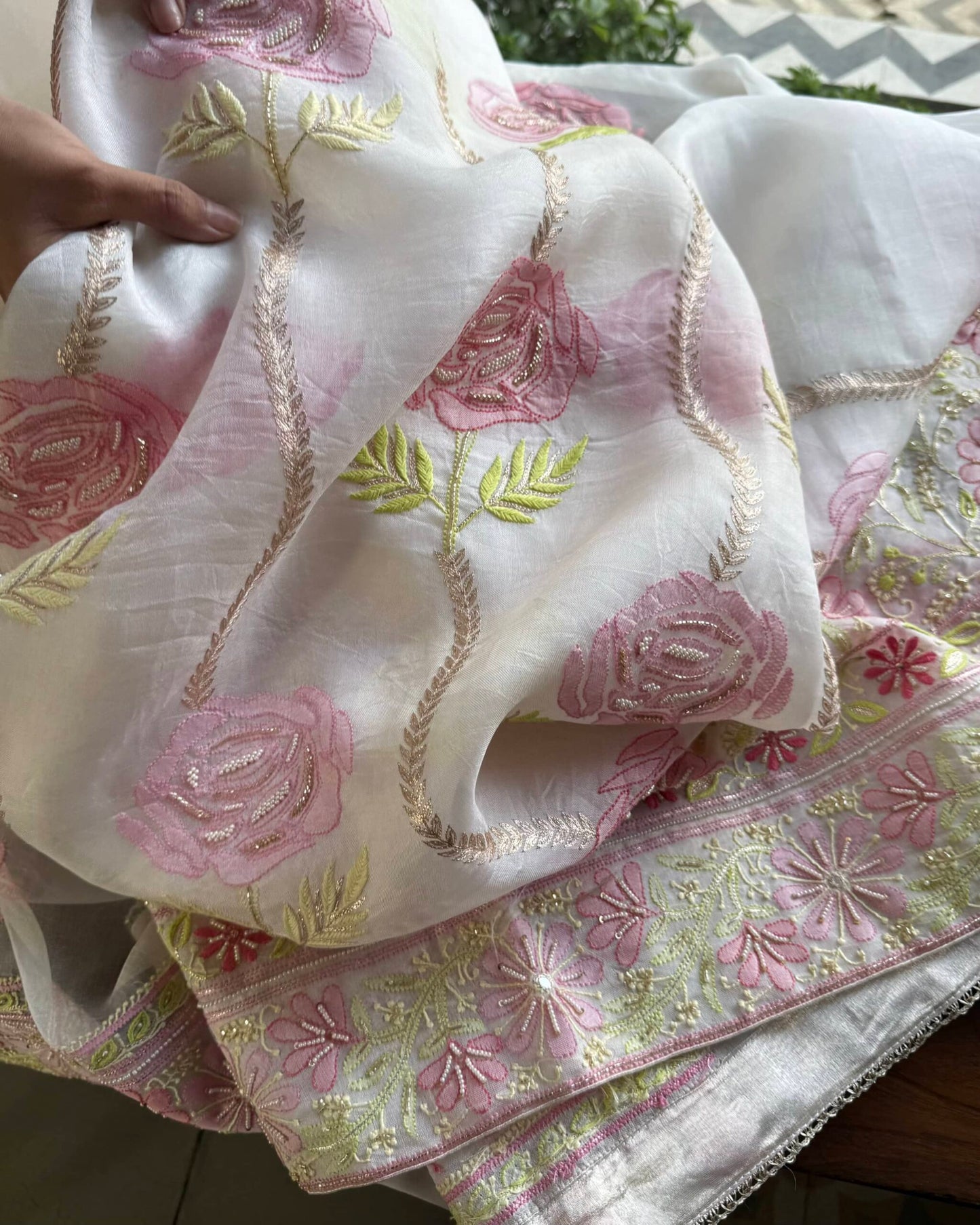 White Noor Banarasi Organza Chikankari Unstitched Fabrics