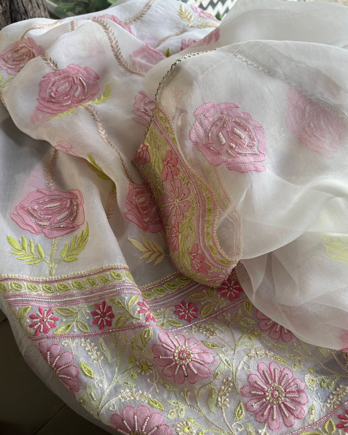 White Noor Banarasi Organza Chikankari Unstitched Fabrics