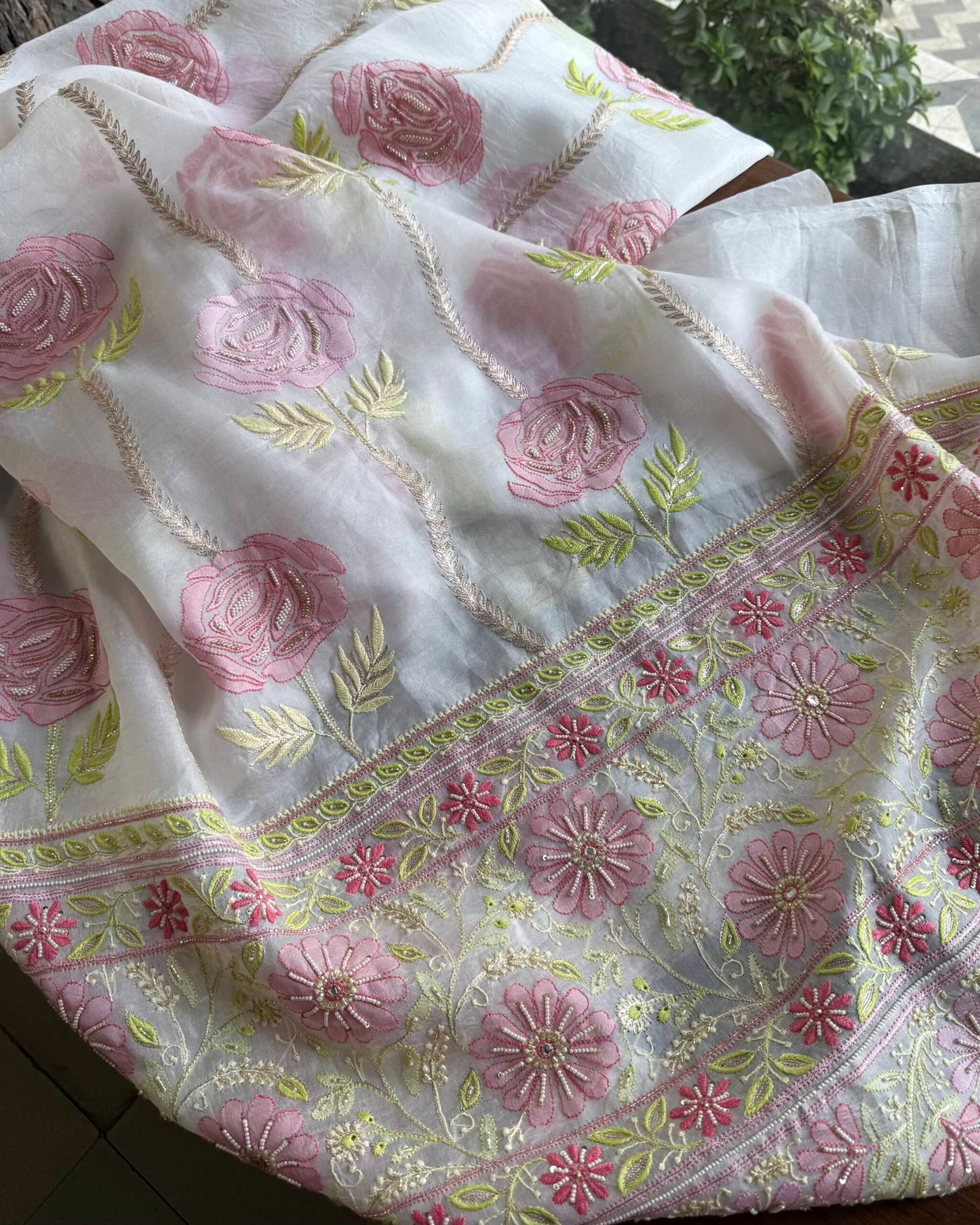 White Noor Banarasi Organza Chikankari Unstitched Fabrics