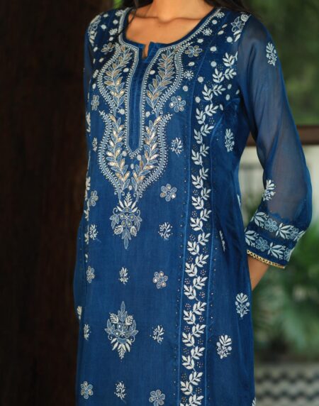 Noor Organza Chikankari Applique Kurta Set | Prussian Blue