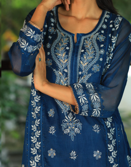 Noor Organza Chikankari Applique Kurta Set | Prussian Blue