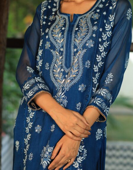 Noor Organza Chikankari Applique Kurta Set | Prussian Blue