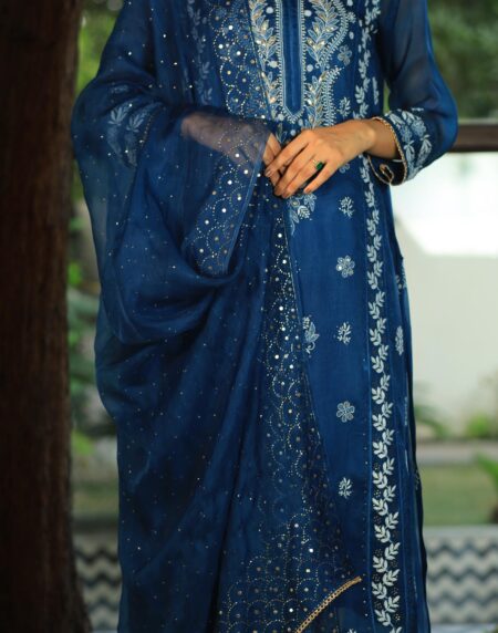 Noor Organza Chikankari Applique Kurta Set | Prussian Blue