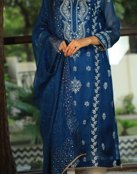 Noor Organza Chikankari Applique Kurta Set | Prussian Blue