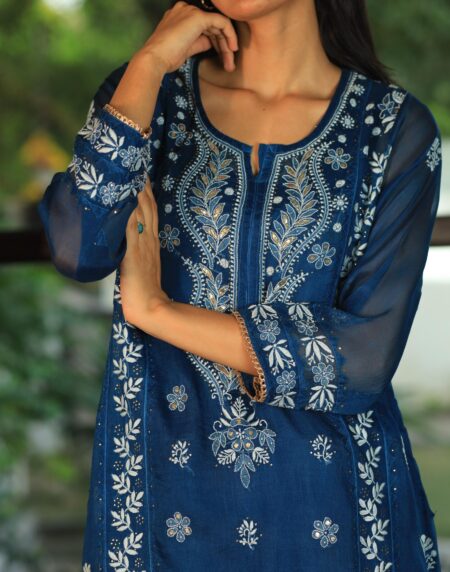 Noor Organza Chikankari Applique Kurta Set | Prussian Blue
