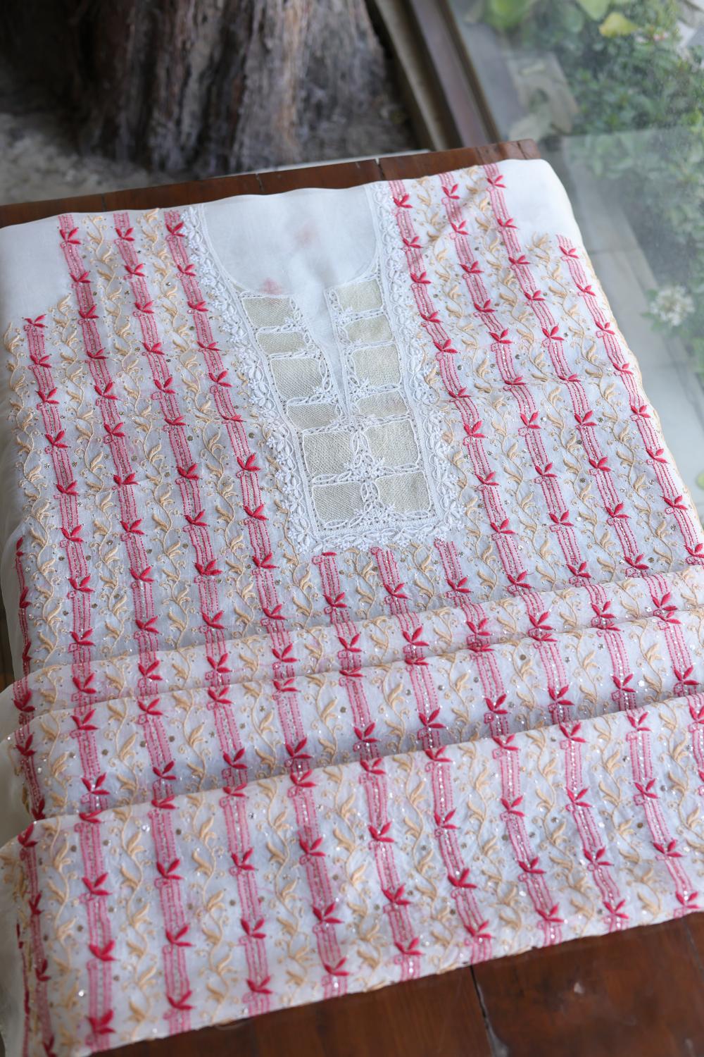 White & Red Noor Organza Silk Chikankari With Mukaish Kamdani Fabric