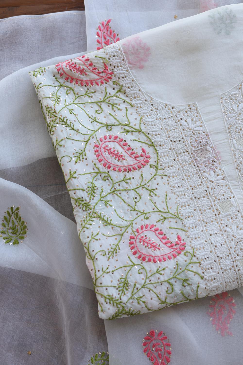 White Noor Organza Silk Chikankari With Mukaish Kamdani Unstitched Fabric