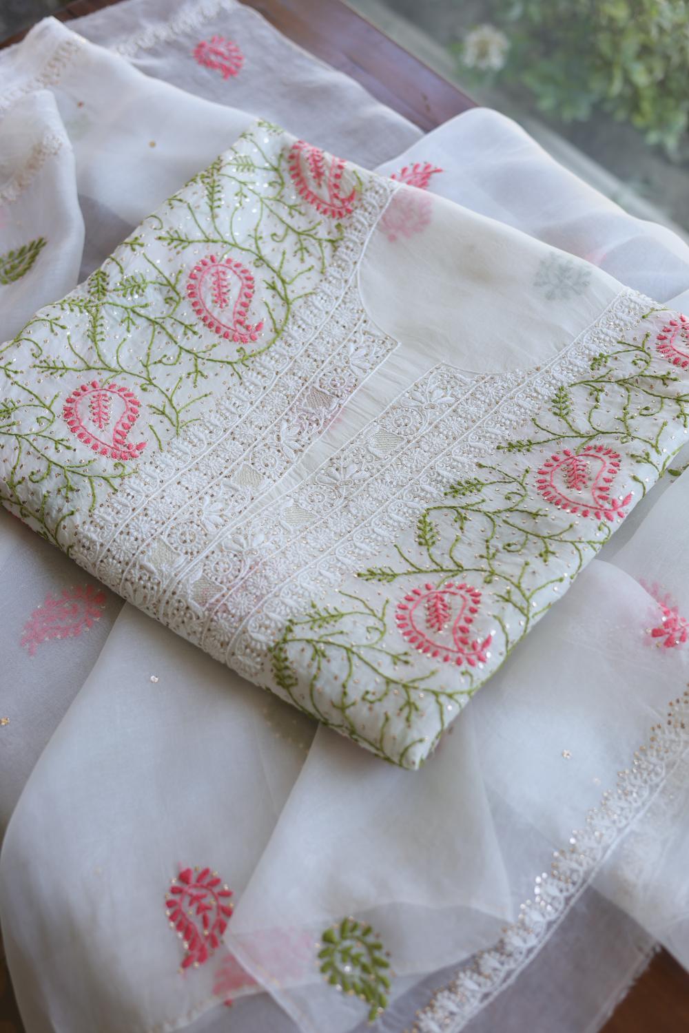 White Noor Organza Silk Chikankari With Mukaish Kamdani Unstitched Fabric