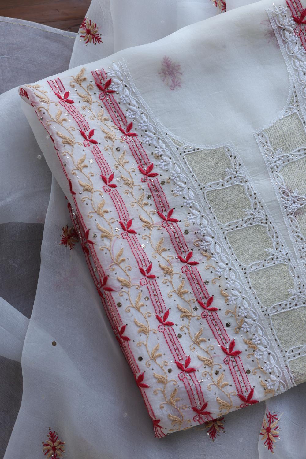 White & Red Noor Organza Silk Chikankari With Mukaish Kamdani Fabric